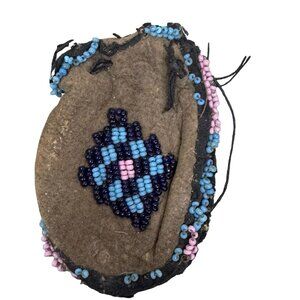 Vintage Handcrafted Beaded Leather Pouch Bag Medicine Pink Blue Native American